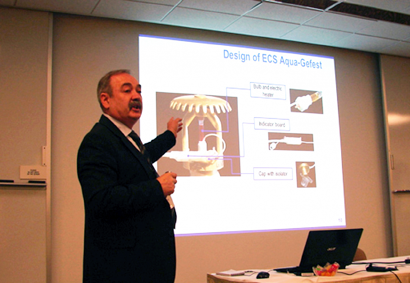 The chairman of the board of  “Gefest” Enterprise group L.T. Tanklevskiy performing the presentation of sprinklers and drenchers “Aqua-Gefest” with control auto-start /